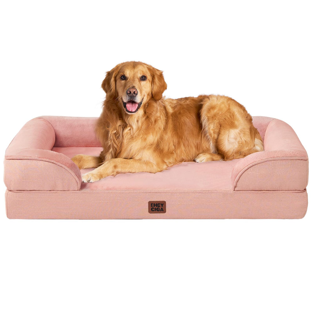 EHEYCIGA Memory Foam XL Orthopedic Dog Bed | Bolster Sides, Waterproof - Dusty Pink / 112L x 81W x 16H cm