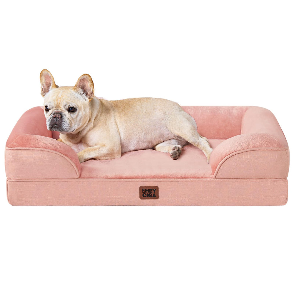 EHEYCIGA Memory Foam XL Orthopedic Dog Bed | Bolster Sides, Waterproof - Dusty Pink / 76L x 51W x 16H cm