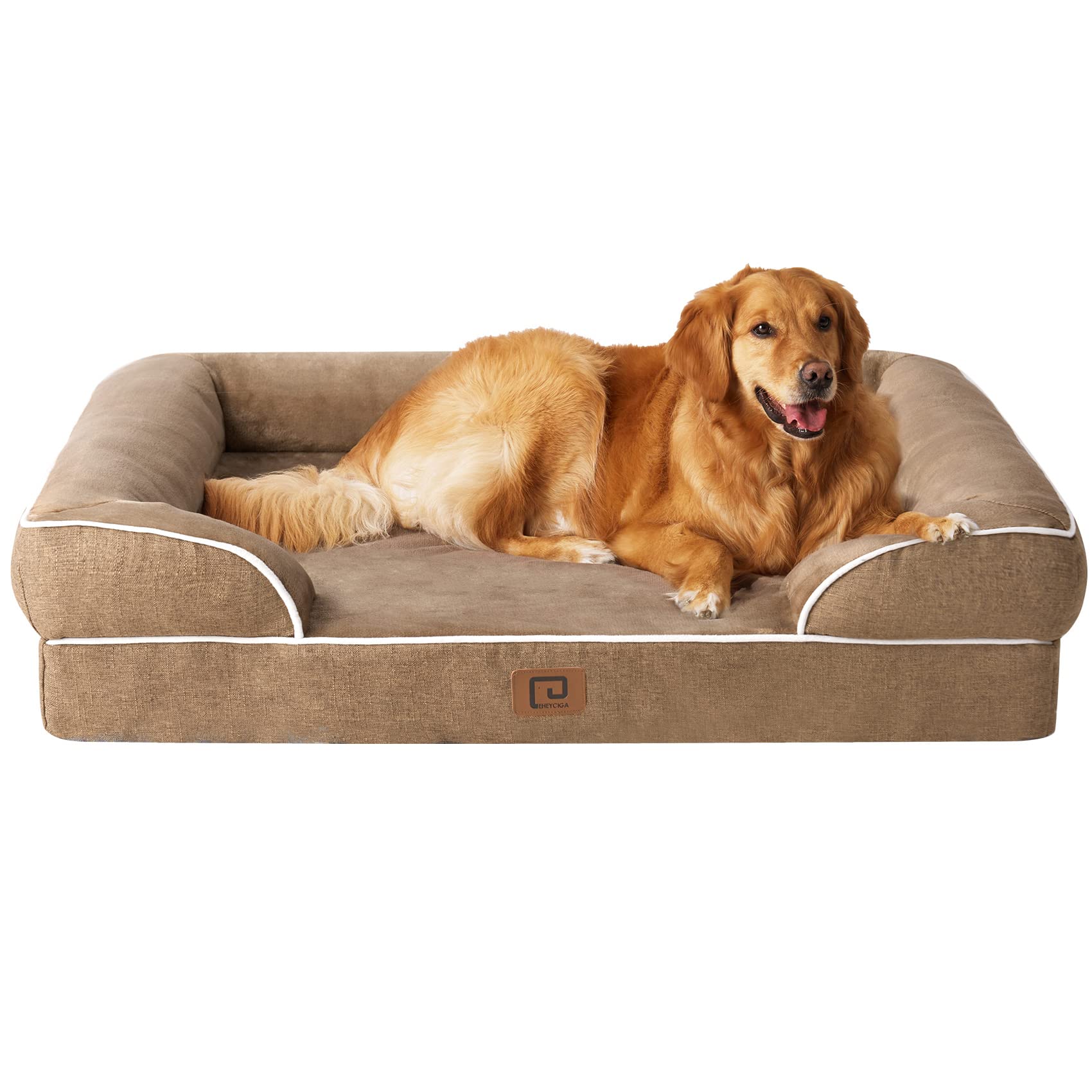 EHEYCIGA Memory Foam XL Orthopedic Dog Bed | Bolster Sides, Waterproof - Camel01 / 112L x 81W x 16H cm