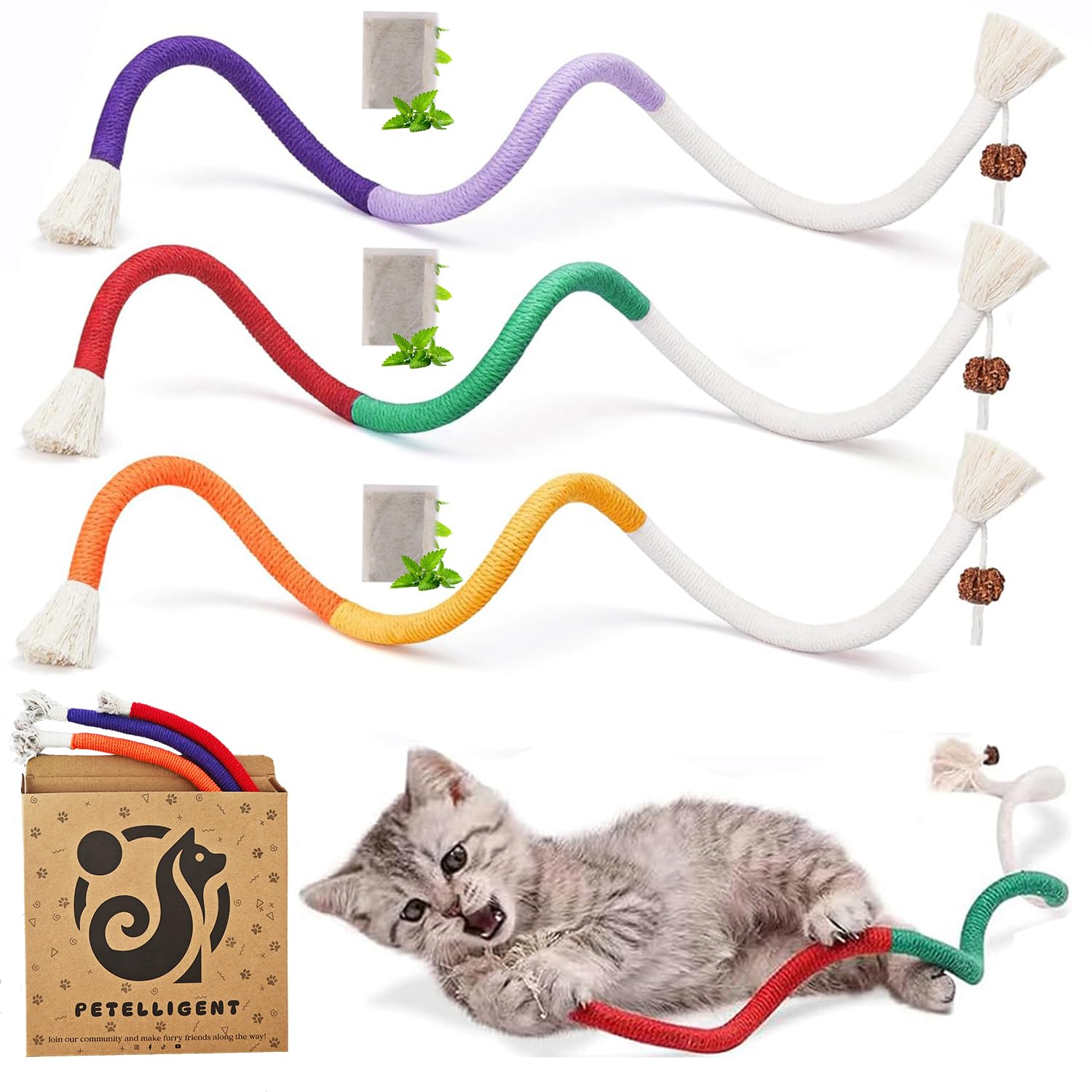 Petelligent 3-Pack Bent Cat Rope Toys | Cotton Rope, Pom Pom & Catnip - Large 3 Pack