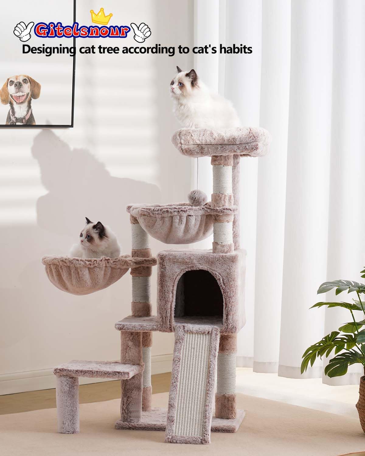 Gitelsnour Cat Tree with Condo, 2 Baskets, Hammock & Scratching Posts - detail view