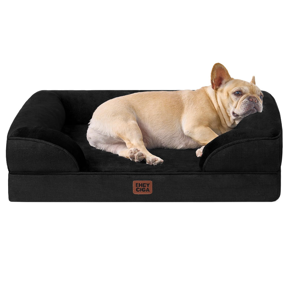 EHEYCIGA Memory Foam XL Orthopedic Dog Bed | Bolster Sides, Waterproof - Black / 76L x 51W x 16H cm