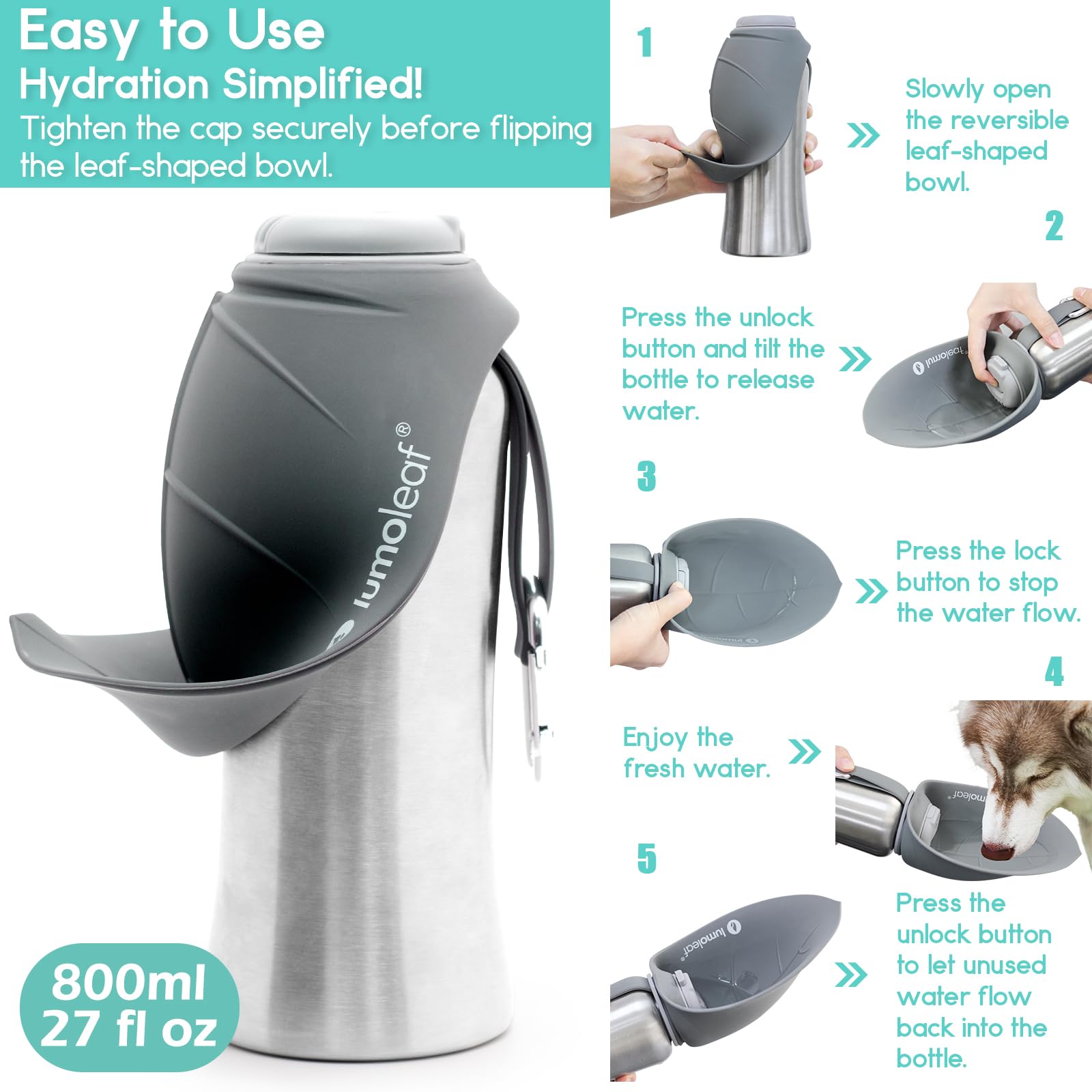LumoLeaf 800 ml Stainless Steel Dog Water Bottle | Travel Pet Water Dispenser - feature view 21