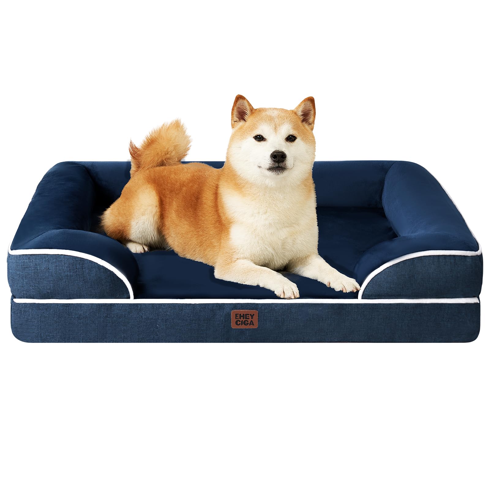 EHEYCIGA Memory Foam XL Orthopedic Dog Bed | Bolster Sides, Waterproof - Navy / 91L x 68W x 16H cm