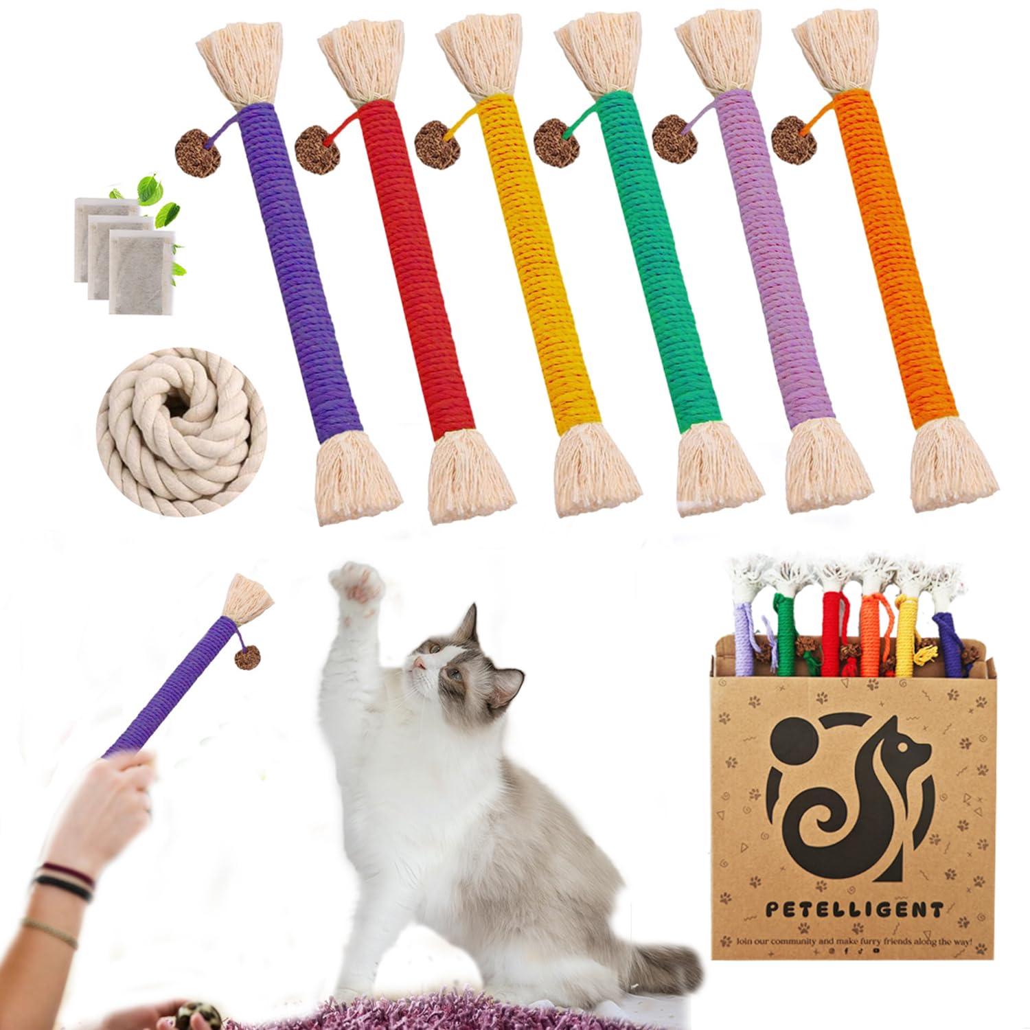 Petelligent 3-Pack Bent Cat Rope Toys | Cotton Rope, Pom Pom & Catnip - Medium 6 Pack