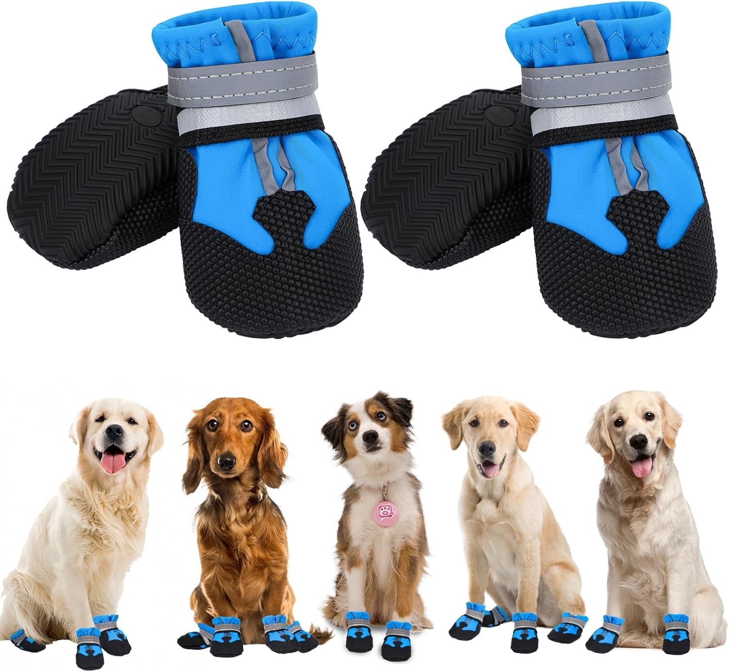 Waterproof Dog Boots 4-Pack | Reflective Paw Protectors, Non-Slip Sole - M / Blue