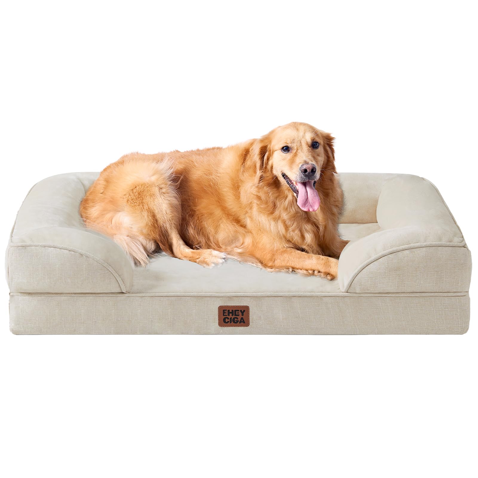 EHEYCIGA Memory Foam XL Orthopedic Dog Bed | Bolster Sides, Waterproof - Beige / 112L x 81W x 16H cm