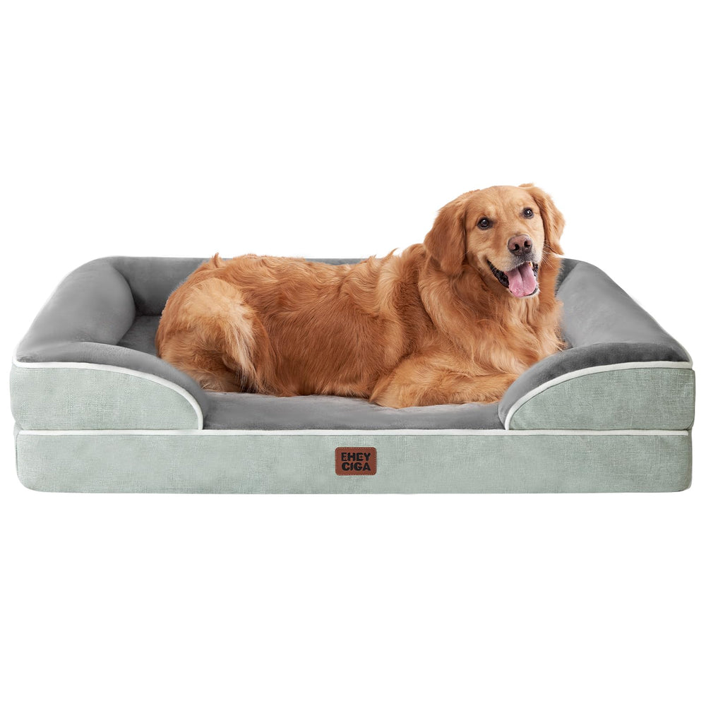 EHEYCIGA Memory Foam XL Orthopedic Dog Bed | Bolster Sides, Waterproof - Grayish Green / 112L x 81W x 16H cm