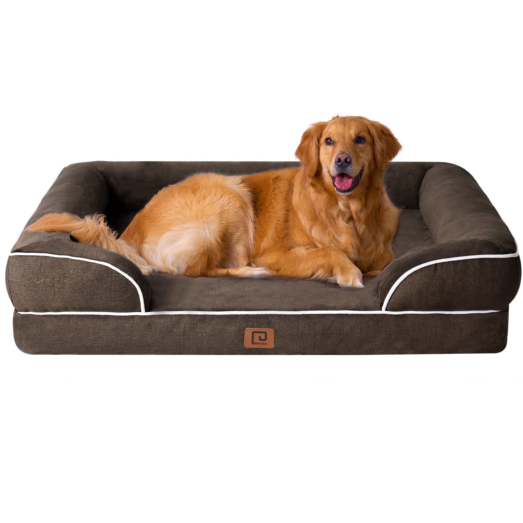 EHEYCIGA Memory Foam XL Orthopedic Dog Bed | Bolster Sides, Waterproof - Brown / 112L x 81W x 16H cm
