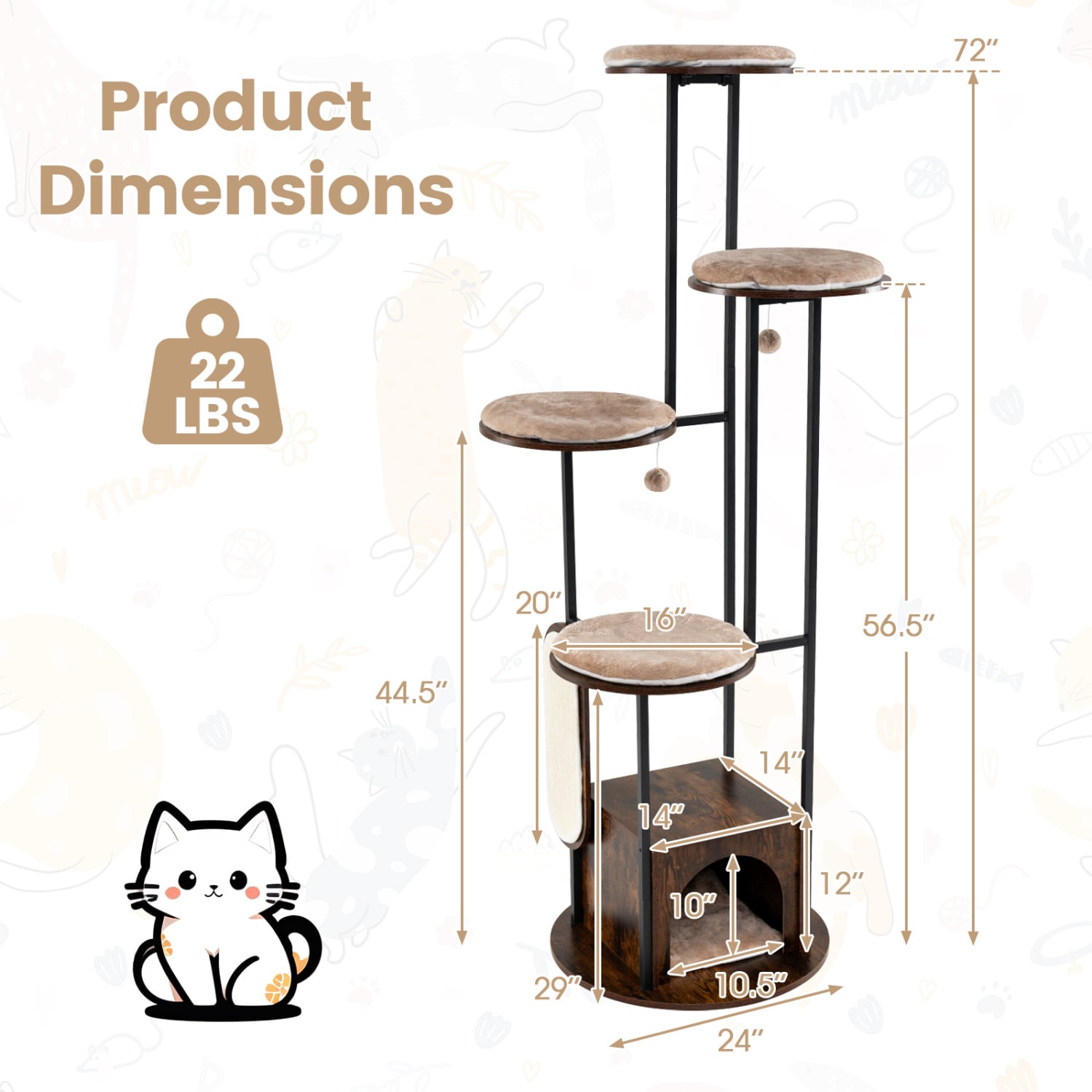 72-Inch Tall Multi-Level Cat Condo with Top Perch Platforms and Removable - view 4