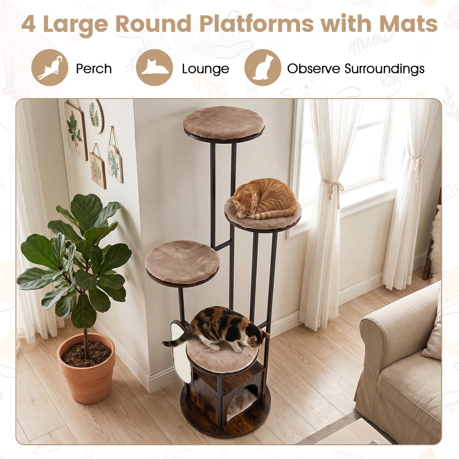 72-Inch Tall Multi-Level Cat Condo with Top Perch Platforms and Removable - view 7