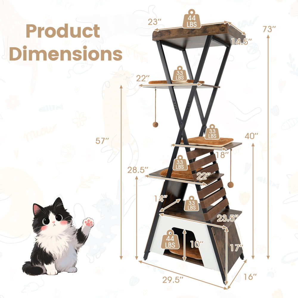 73 Inch Multi-level Cat Tree for Indoor Cats with Elevated Perch and Large Condo - view 5