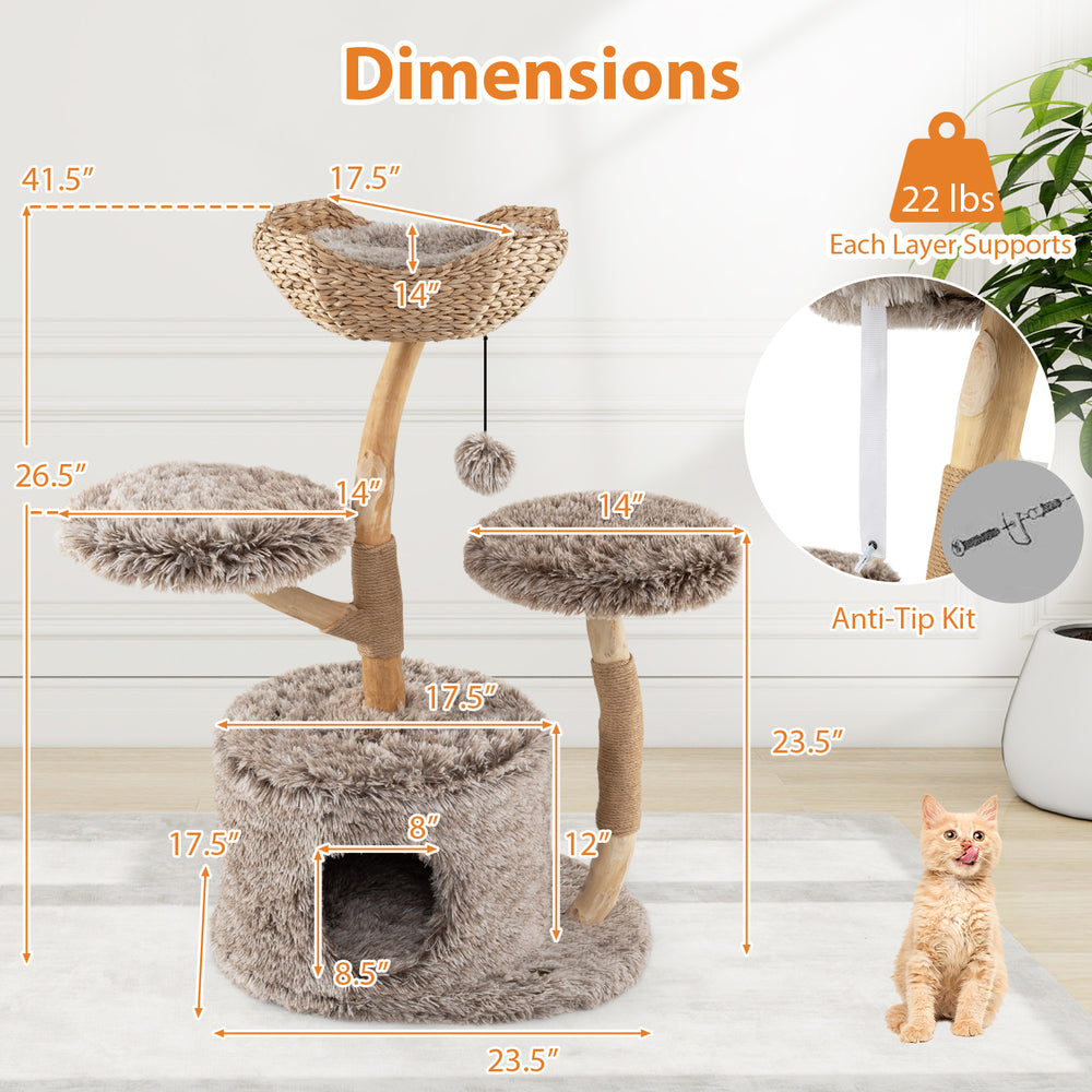Wood Cat Tree Solid Pear Cat Tree with Perch and Sisal Scratching Posts - view 5
