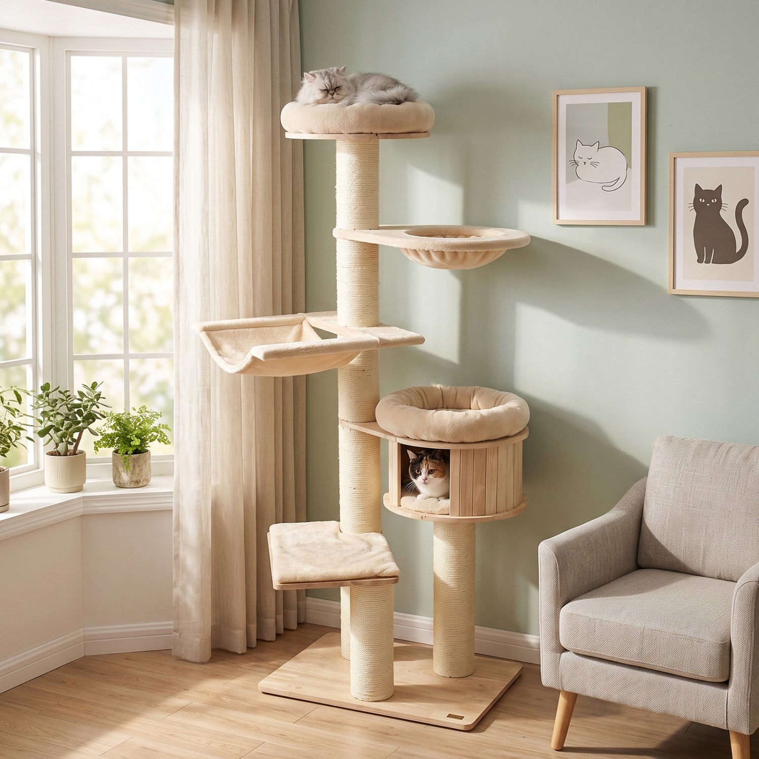 75.5" Tall Cat Tree with 7 Sisal Posts & Hanging Basket and Hammock for Indoor - view 2