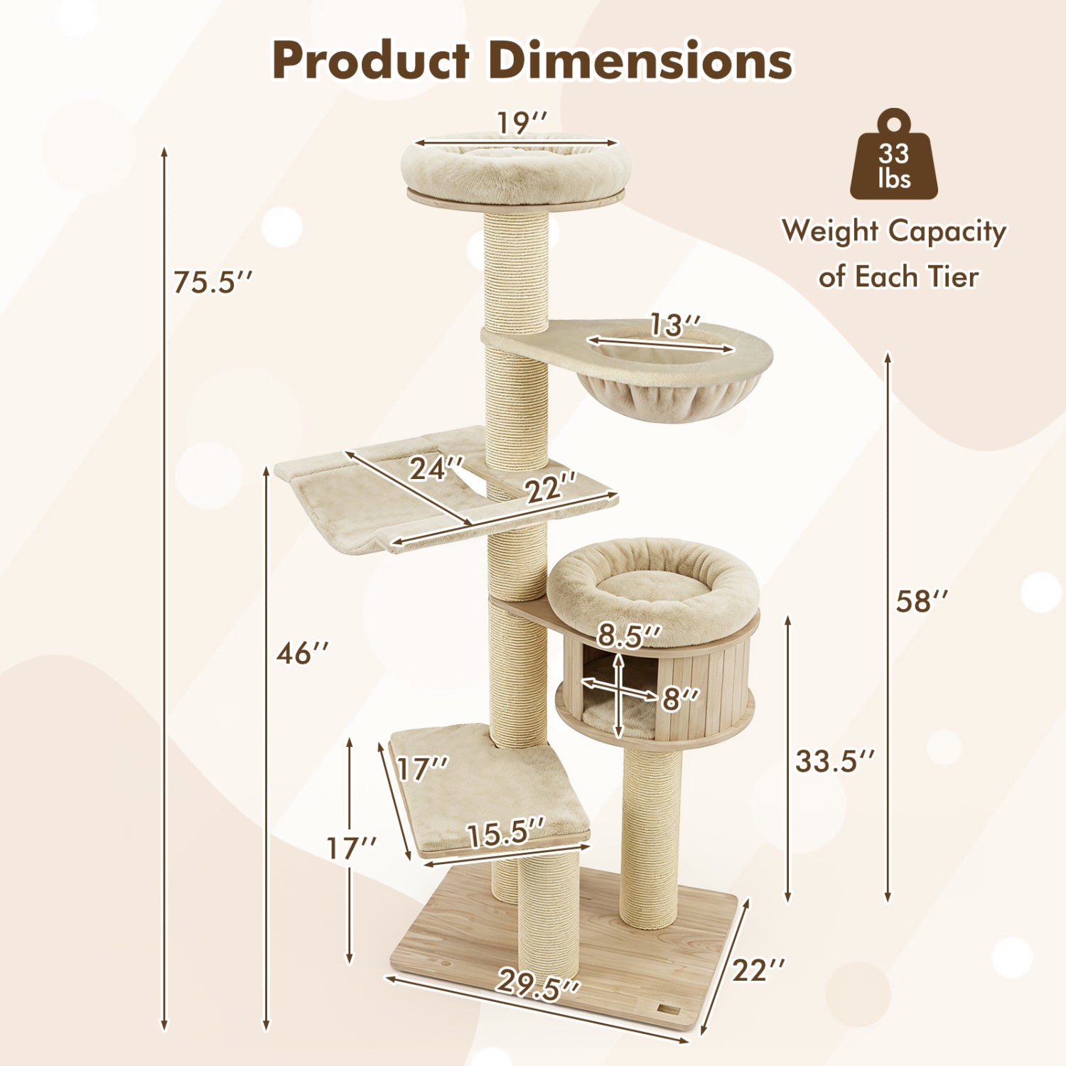 75.5" Tall Cat Tree with 7 Sisal Posts & Hanging Basket and Hammock for Indoor - view 5
