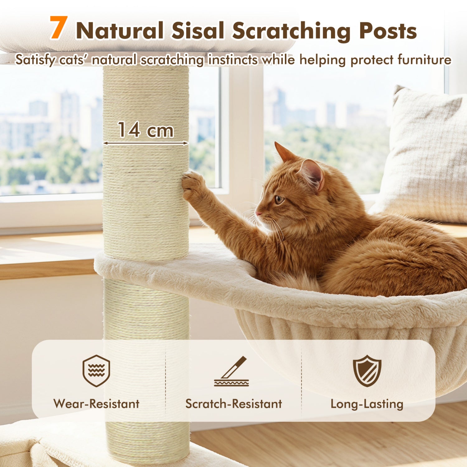 75.5" Tall Cat Tree with 7 Sisal Posts & Hanging Basket and Hammock for Indoor - view 8