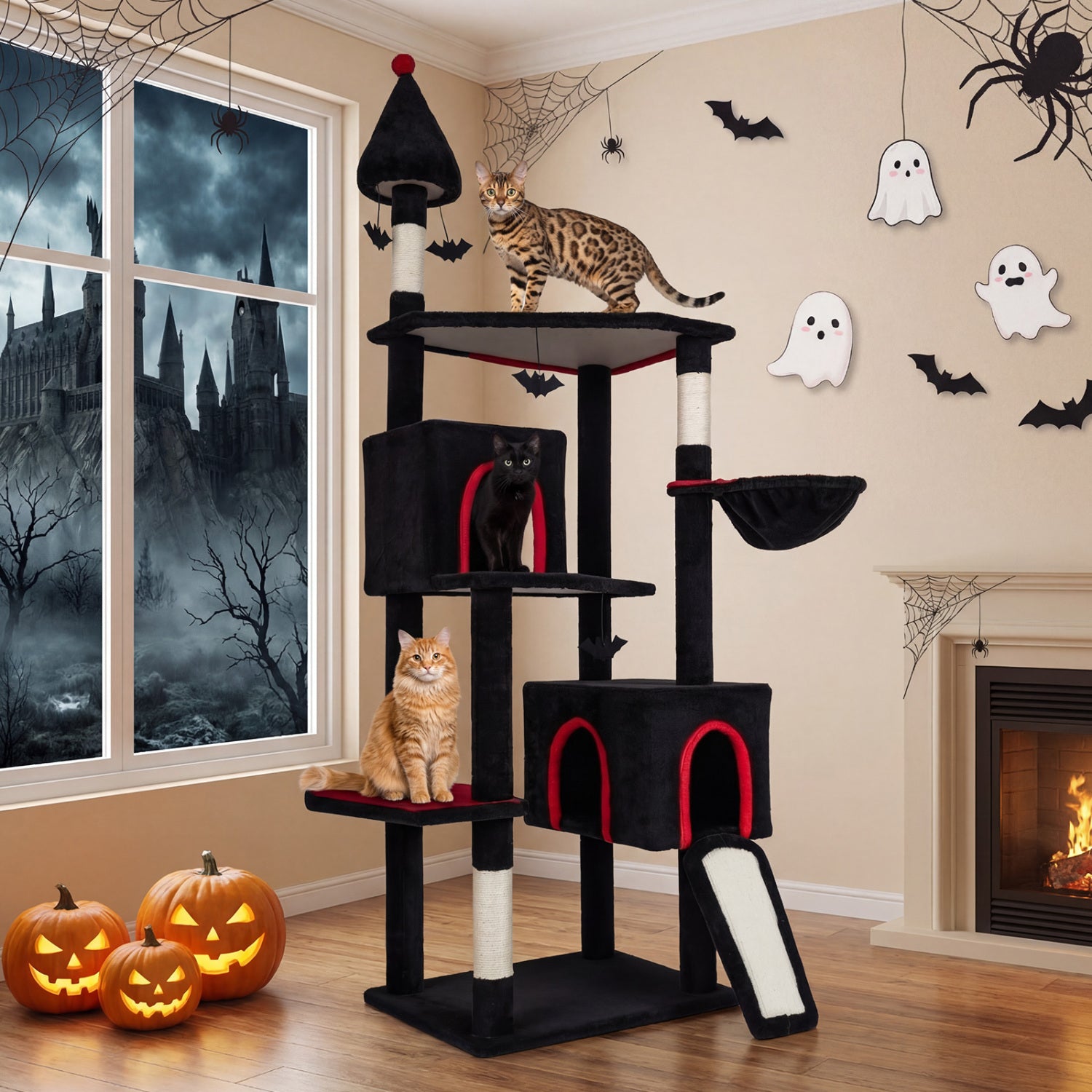 75 Inch Gothic Cat Tree with 2 Condos and Top Perch for Large Cats 20+ LBS - view 2