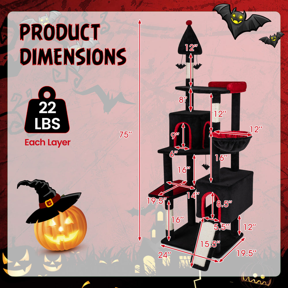 75 Inch Gothic Cat Tree with 2 Condos and Top Perch for Large Cats 20+ LBS - view 4
