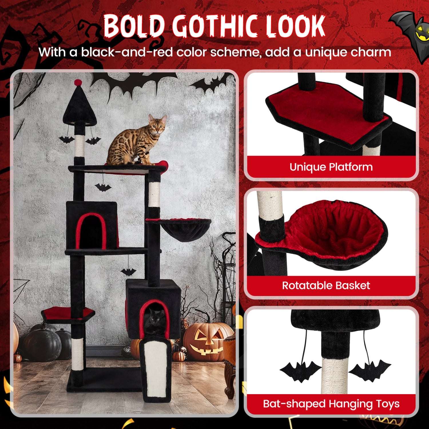 75 Inch Gothic Cat Tree with 2 Condos and Top Perch for Large Cats 20+ LBS - view 8