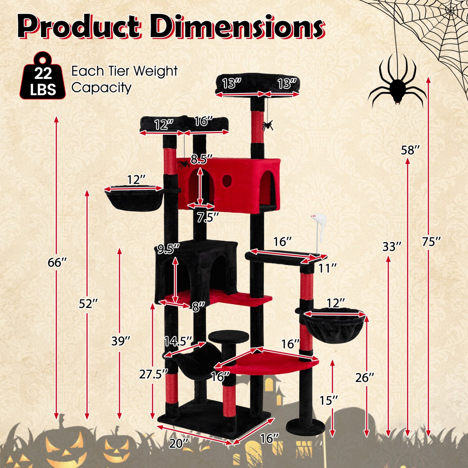 75 Inch Gothic Cat Tree with 2 Plush Perches for Indoor Cats - view 5