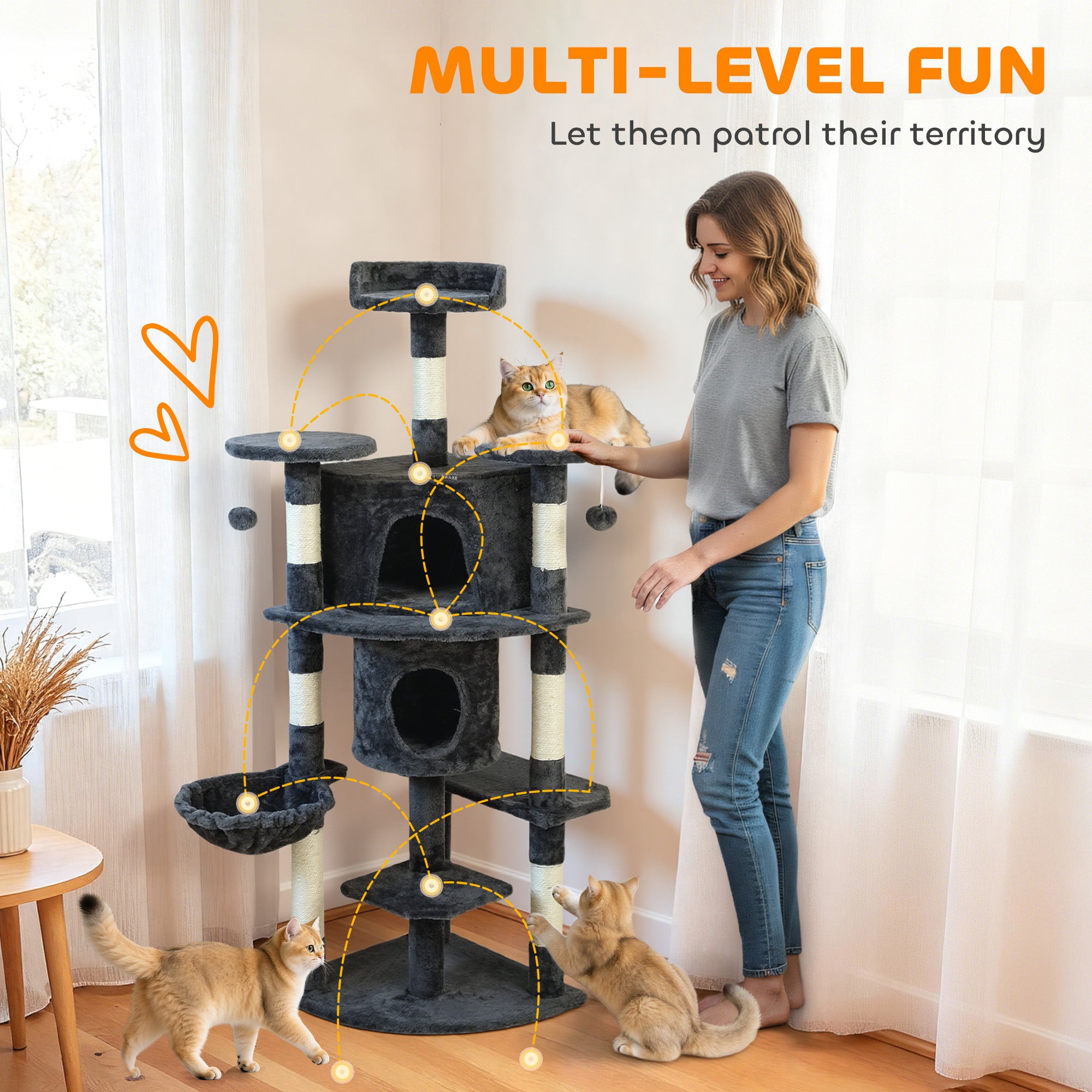 62" Cat Tree with Scratching Post, 2 Condos, Hammock, Perches, Plush, Pompoms - view 3