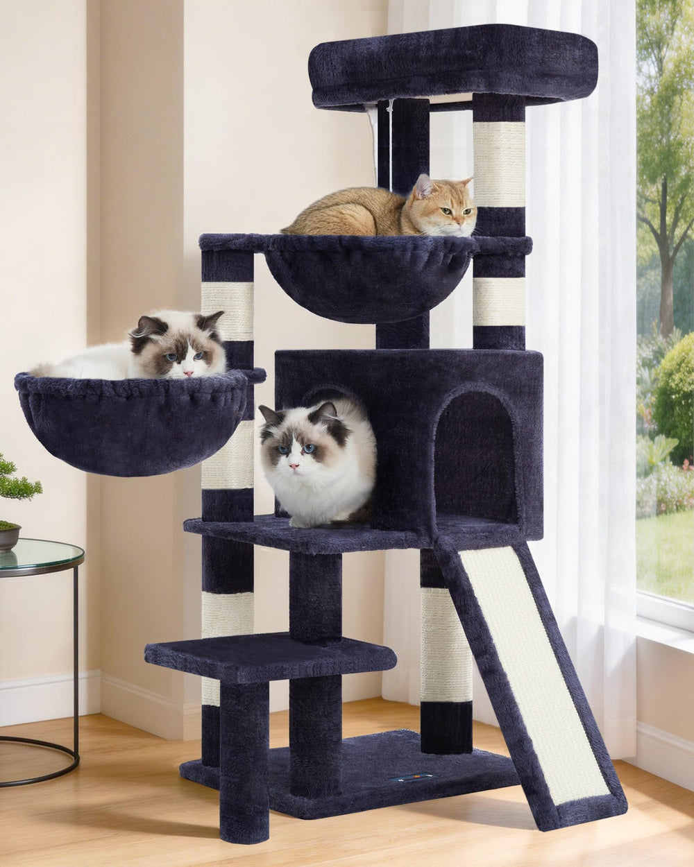 Gitelsnour Cat Tree with Condo, 2 Baskets, Hammock & Scratching Posts - Smoky Gray
