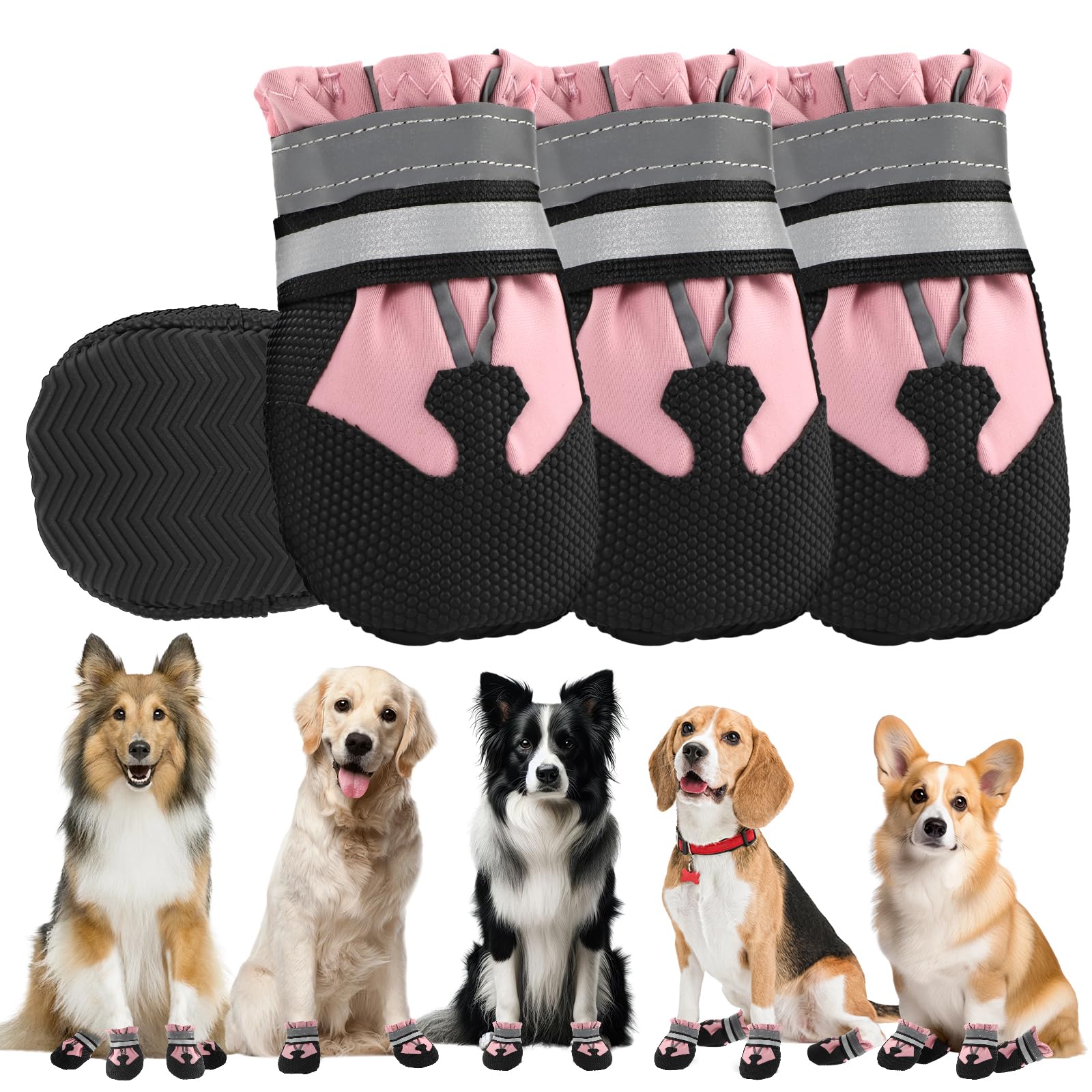 Waterproof Dog Boots 4-Pack | Reflective Paw Protectors, Non-Slip Sole - XXL / Pink