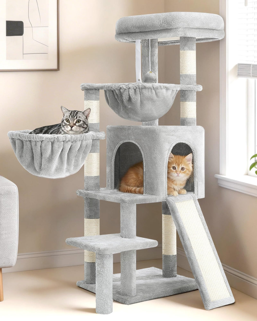 Gitelsnour Cat Tree with Condo, 2 Baskets, Hammock & Scratching Posts - Light Gray