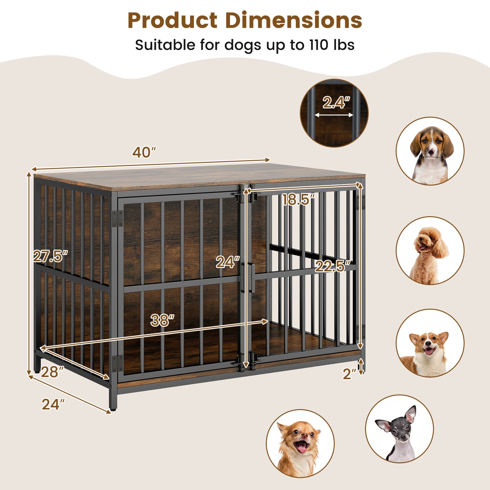 40 Inch Dog Crate Furniture Dog Kennel with Dual Lockable Double Doors - view 5