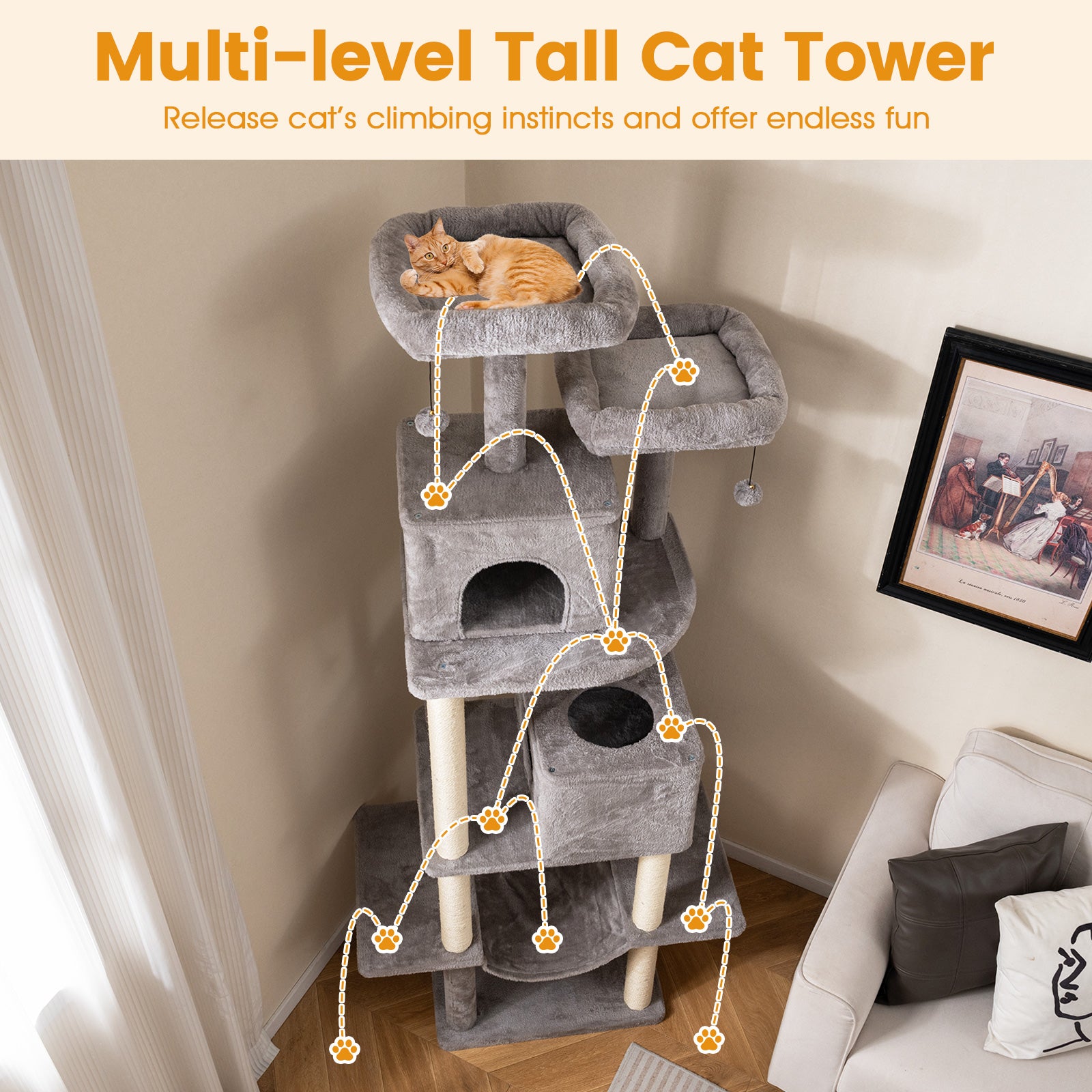 84 Inch Large Cat Tree with 2 Condos and 2 Soft Plush Perches for Indoor Cats - view 6