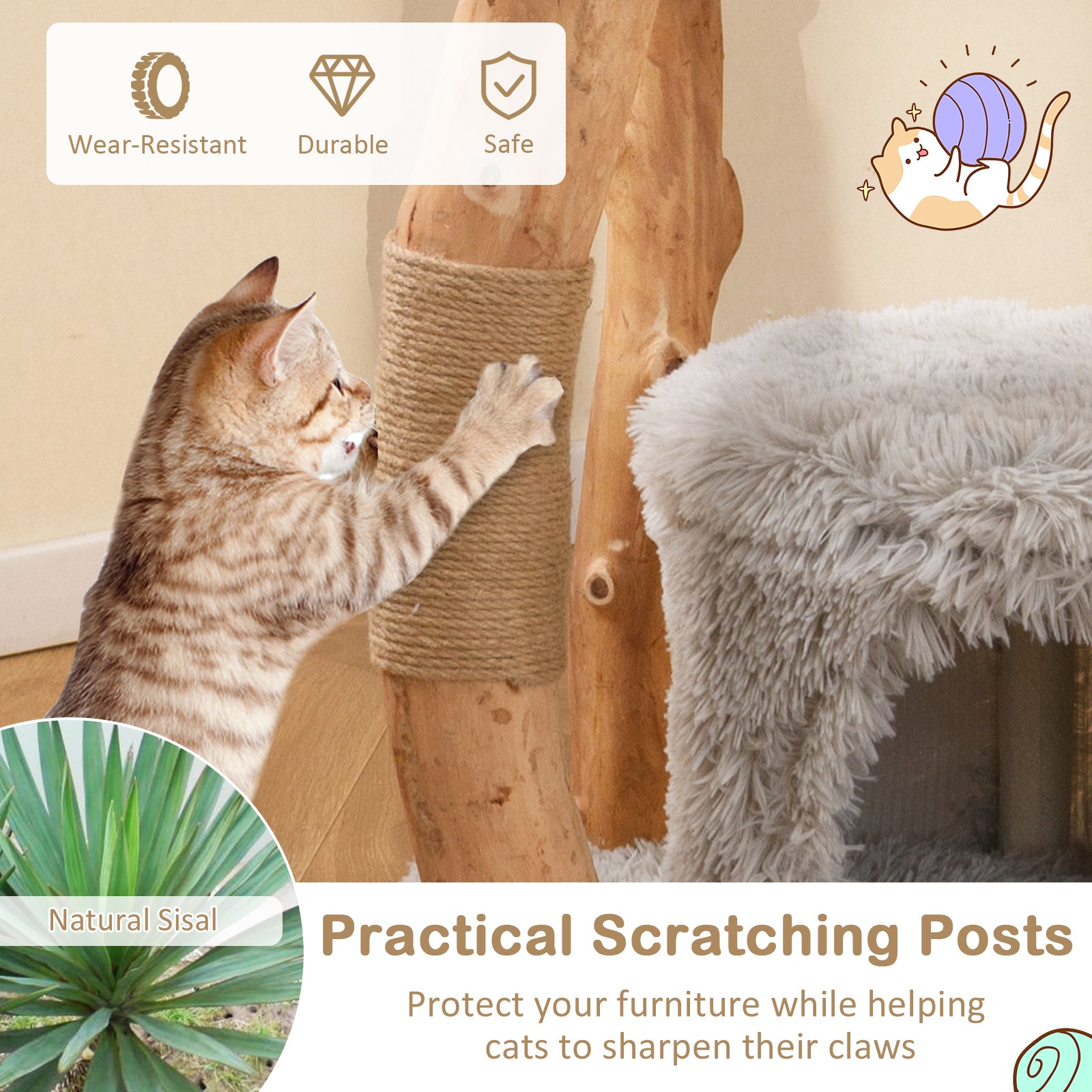 Solid Wood Cat Tower with Top Cattail Basket Cat Bed Cat Tree - view 8