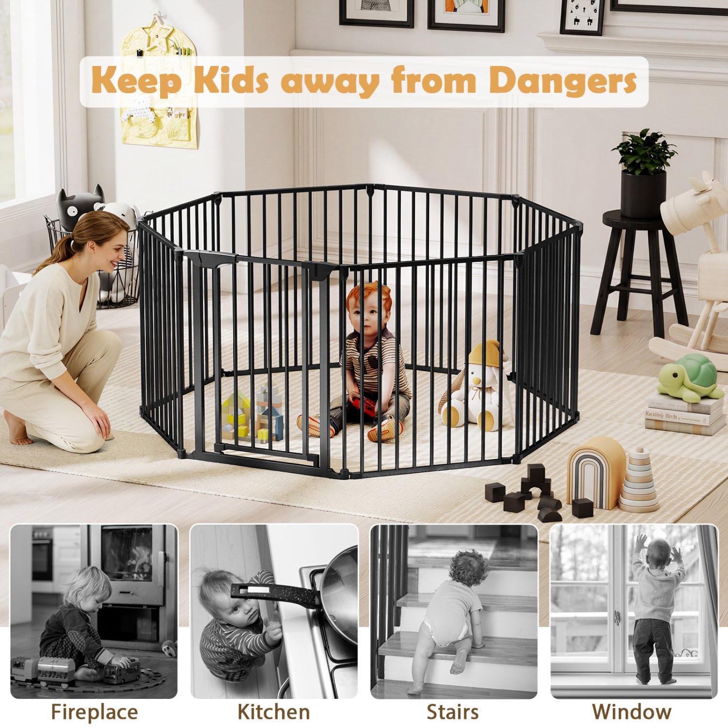 8-Panel Extra Wide Baby Gate Adjustable Pet Safety Fence with Auto-close Door - view 6