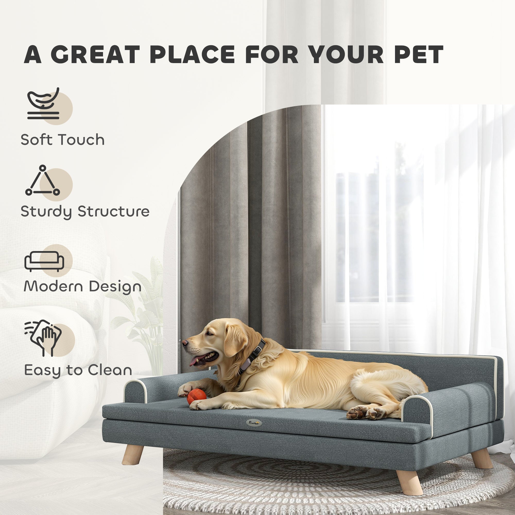 Elevated Dog Sofa Bed, Cat Couch with Cushion, Washable Cover, Wooden Legs - view 6
