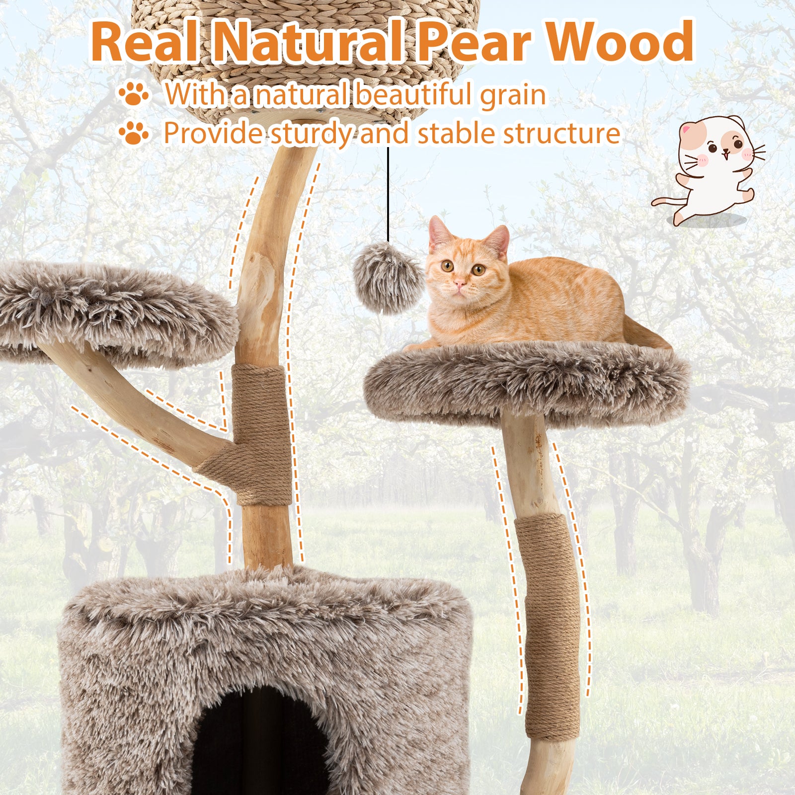 Wood Cat Tree Solid Pear Cat Tree with Perch and Sisal Scratching Posts - view 7