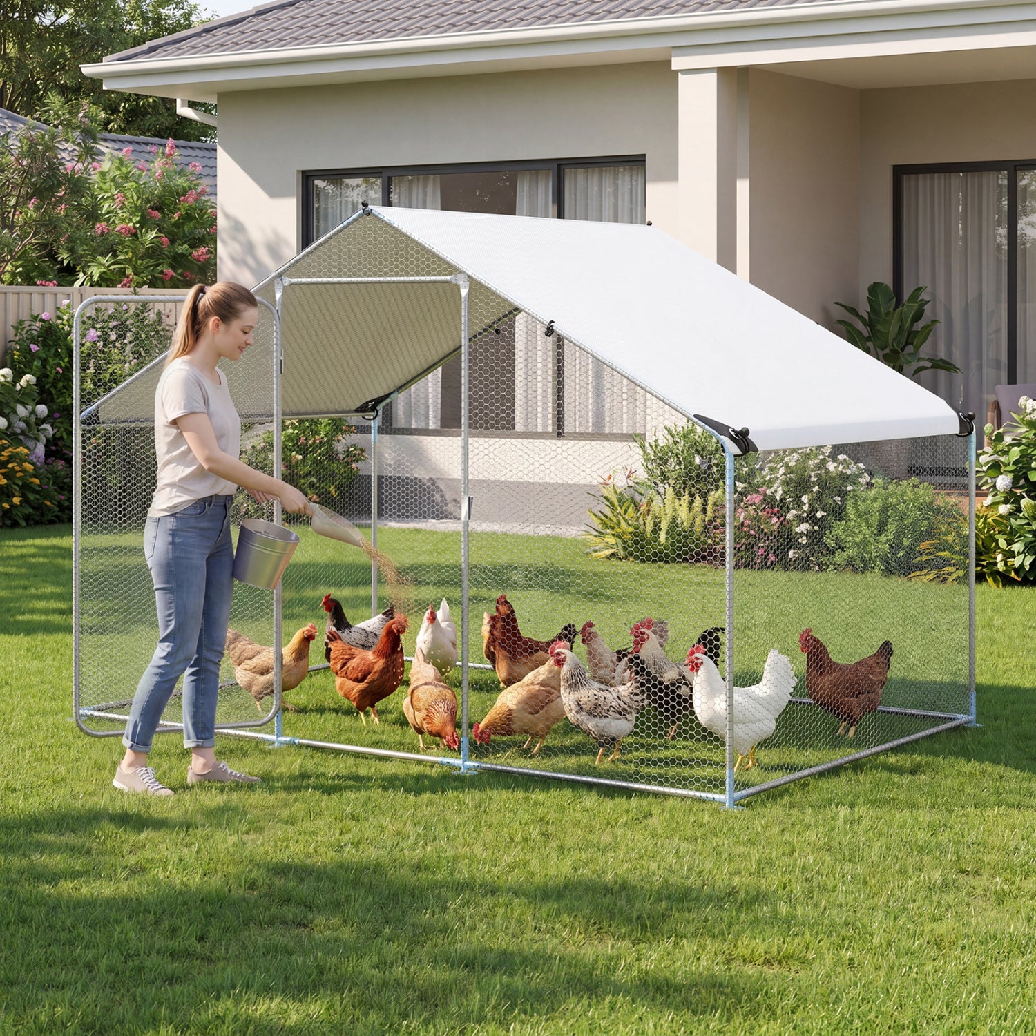 9.8 x 6.7 Feet Large Metal Chicken Coop with Waterproof Cover - view 2