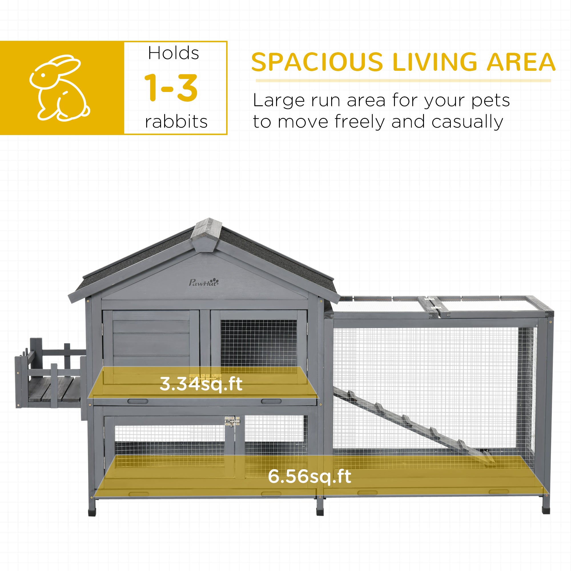 65" Wooden Rabbit Hutch, Pet Playpen with Openable Roof, Storage Box - view 3