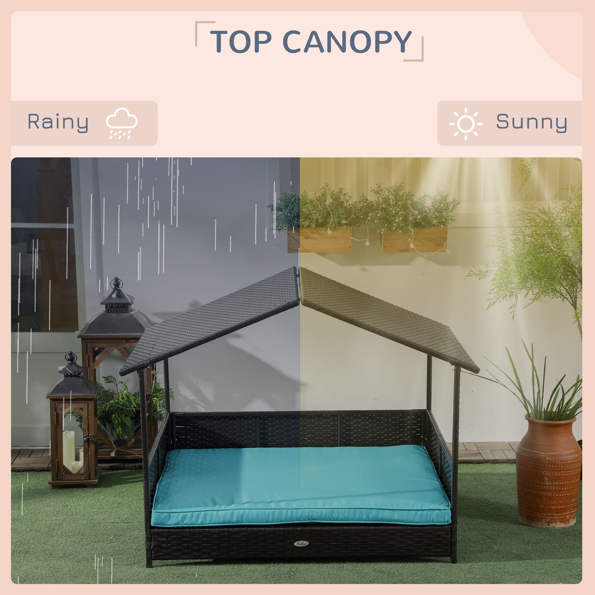 Rattan Dog House with Canopy, Wicker Dog Bed with Water-Resistant Cushion - view 5