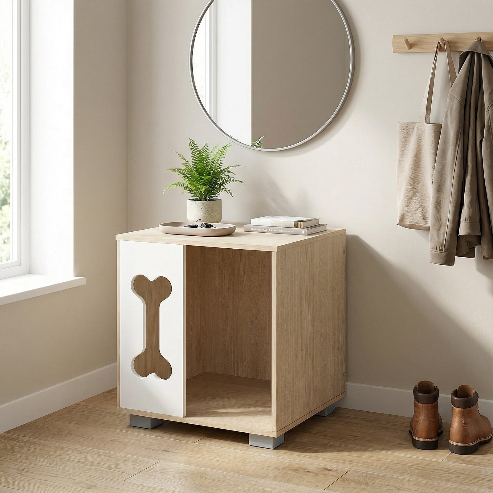 Cat Bed Side Table Wooden Cat Condo with Bone-shape Window and Thick Metal Legs - view 2