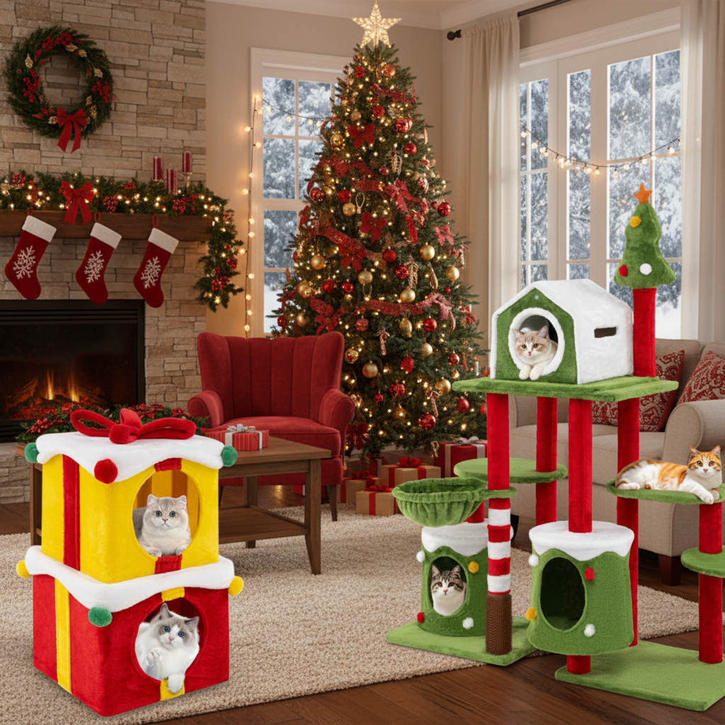Cat Furniture Set with 58 Inch Tall Cat Tree Tower and 2 Gift Box Shaped Cute - view 2