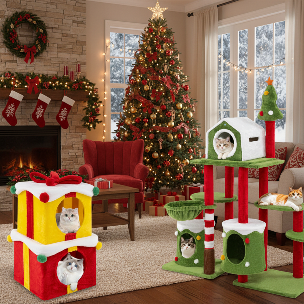 Cat Furniture Set with 58 Inch Tall Cat Tree Tower and 2 Gift Box Shaped Cute - view 2