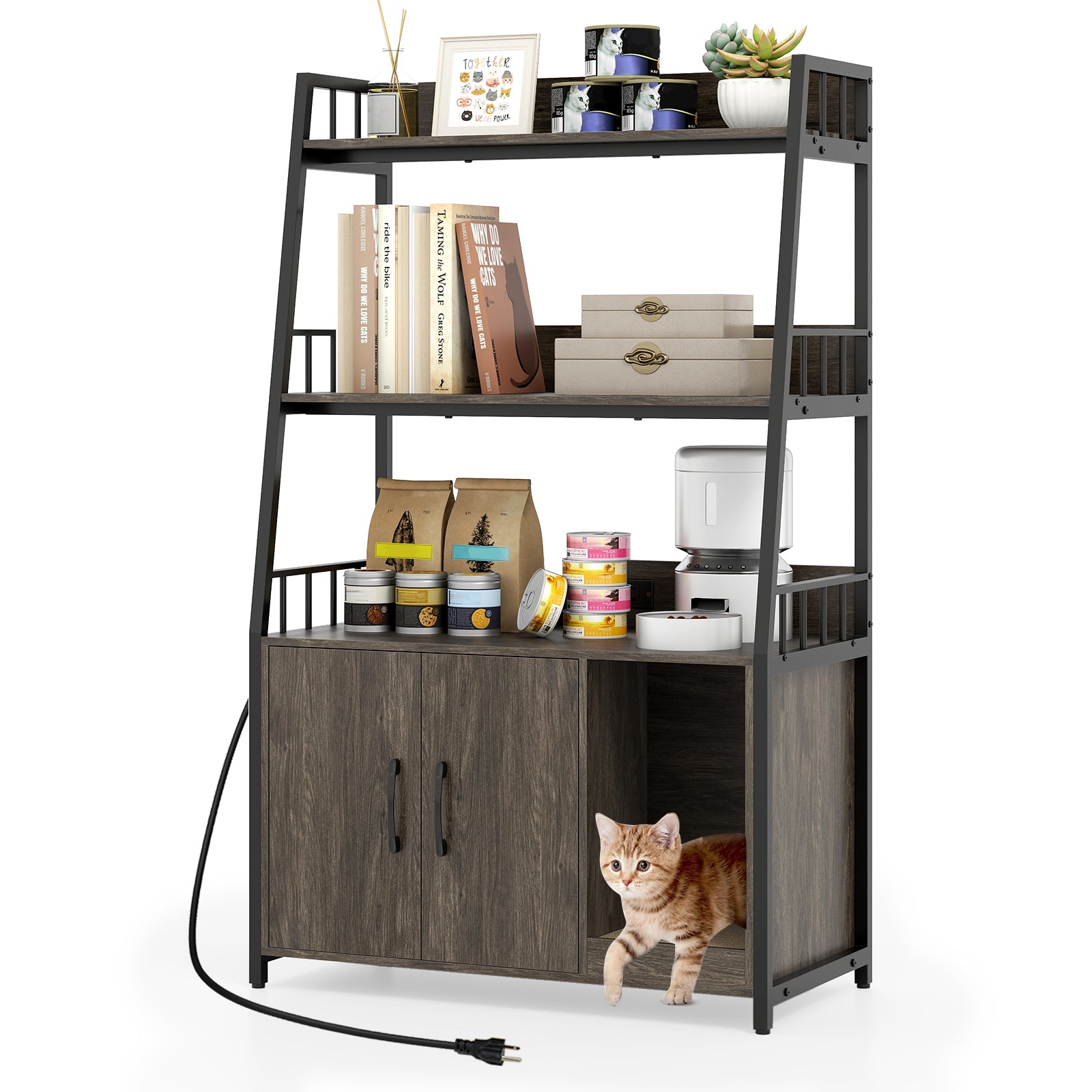 Cat Litter Box Enclosure with Storage Shelves and Scratching Pad Cat House