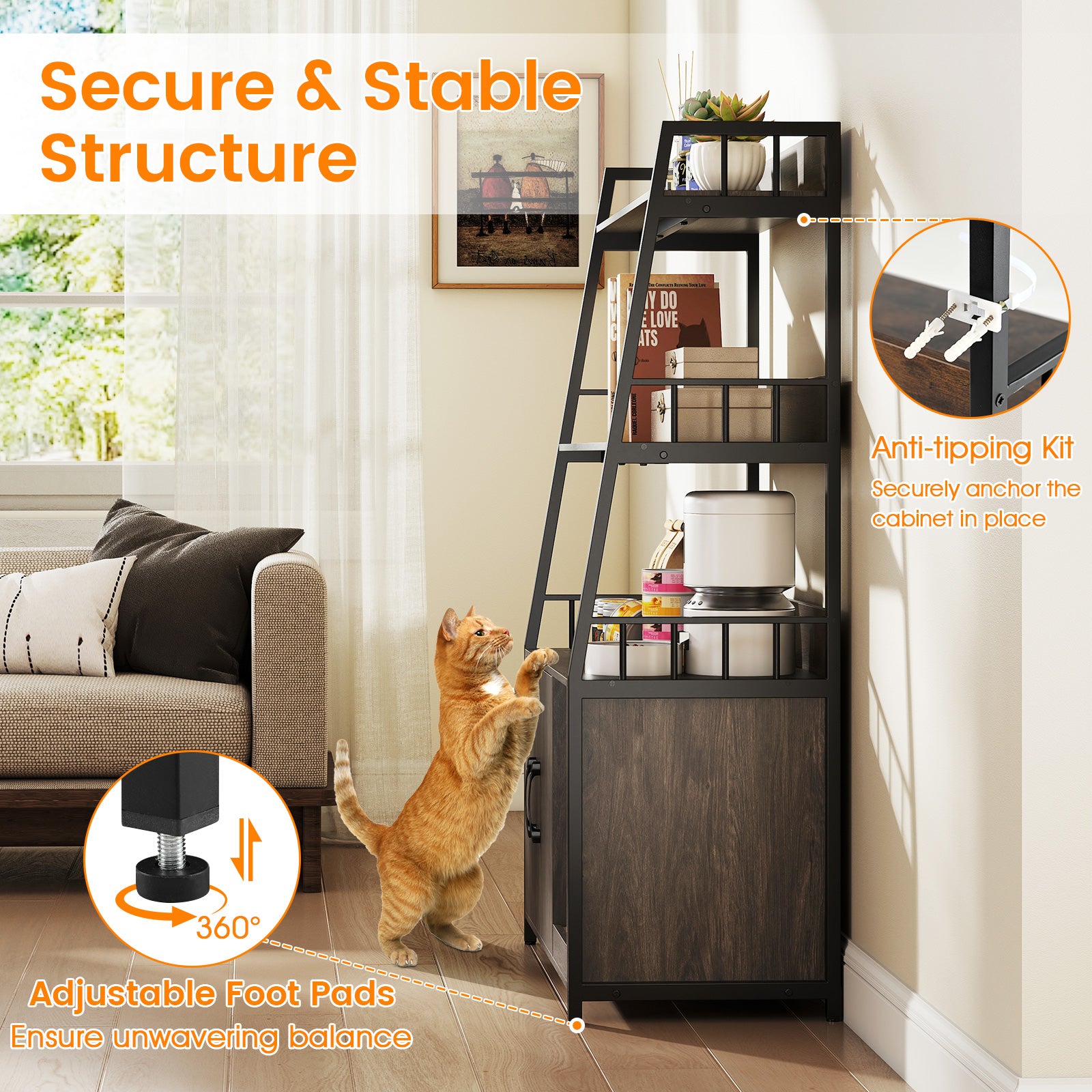 Cat Litter Box Enclosure with Storage Shelves and Scratching Pad Cat House - view 7