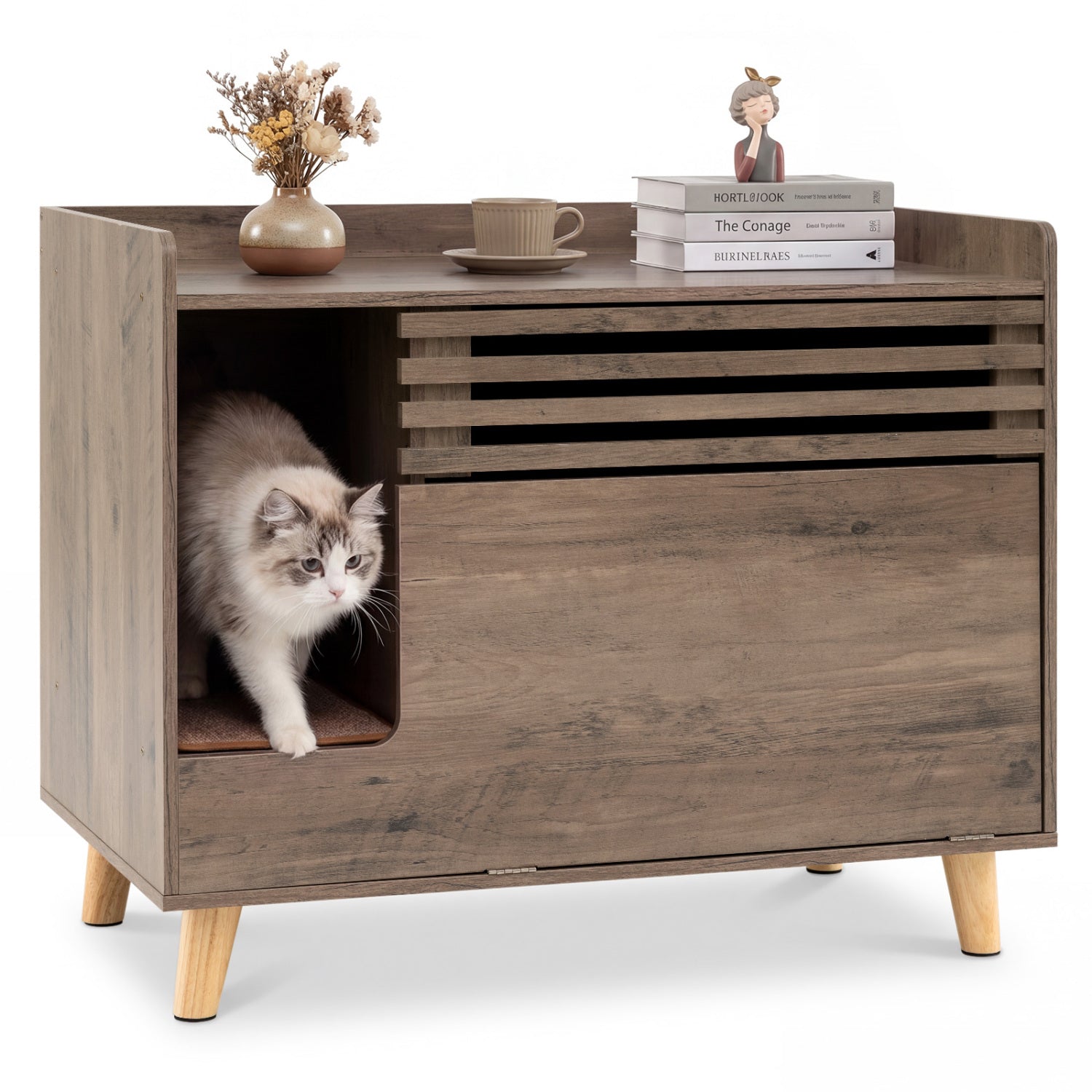 Cat Litter Box Enclosure with Flip-down Opening Door and Scratching Mat Cat - view 4