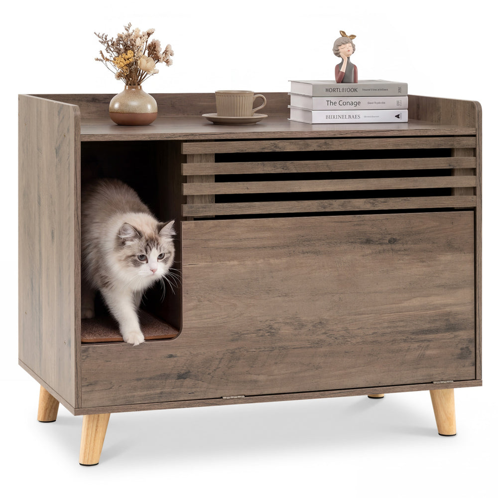 Cat Litter Box Enclosure with Flip-down Opening Door and Scratching Mat Cat - view 4