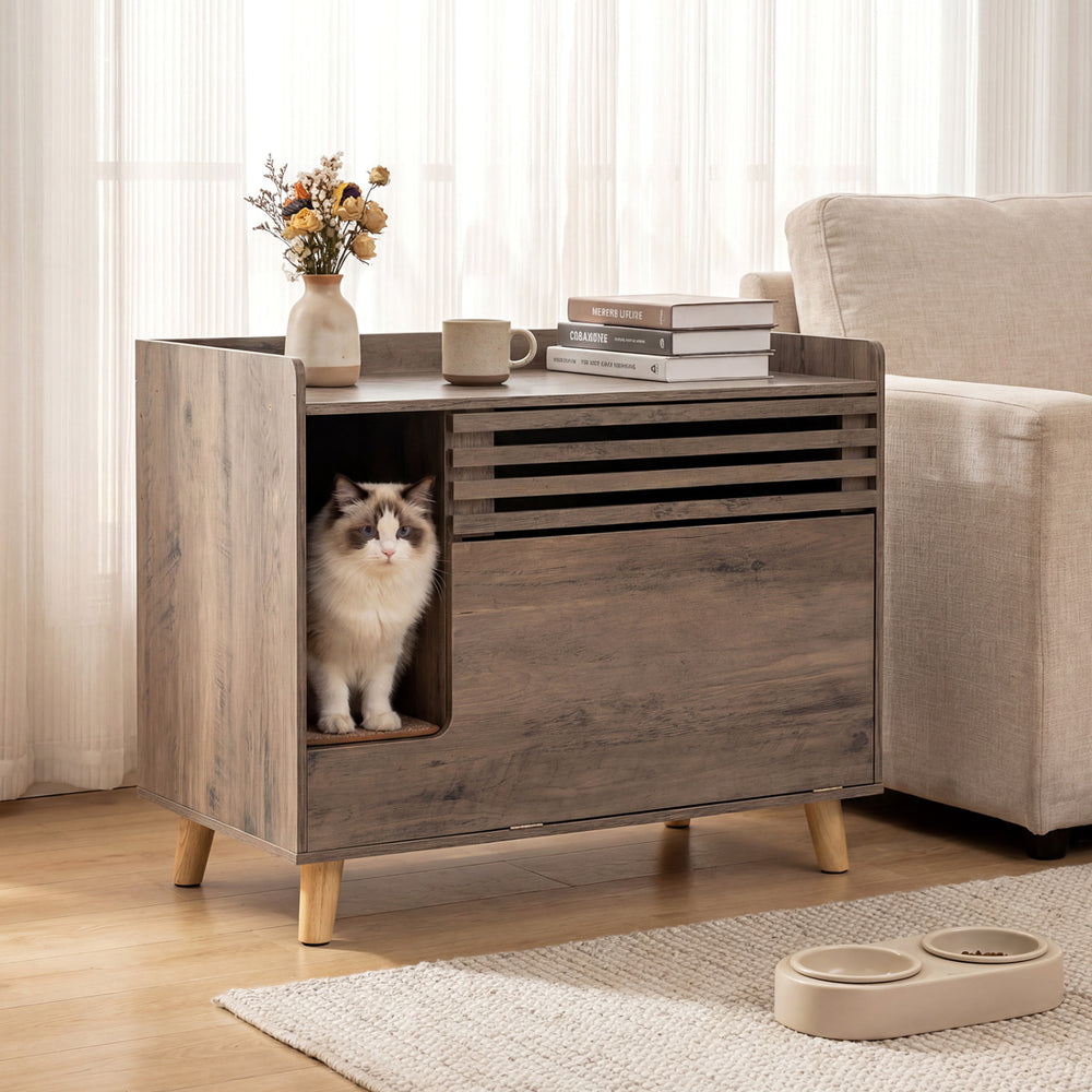 Cat Litter Box Enclosure with Flip-down Opening Door and Scratching Mat Cat - view 2
