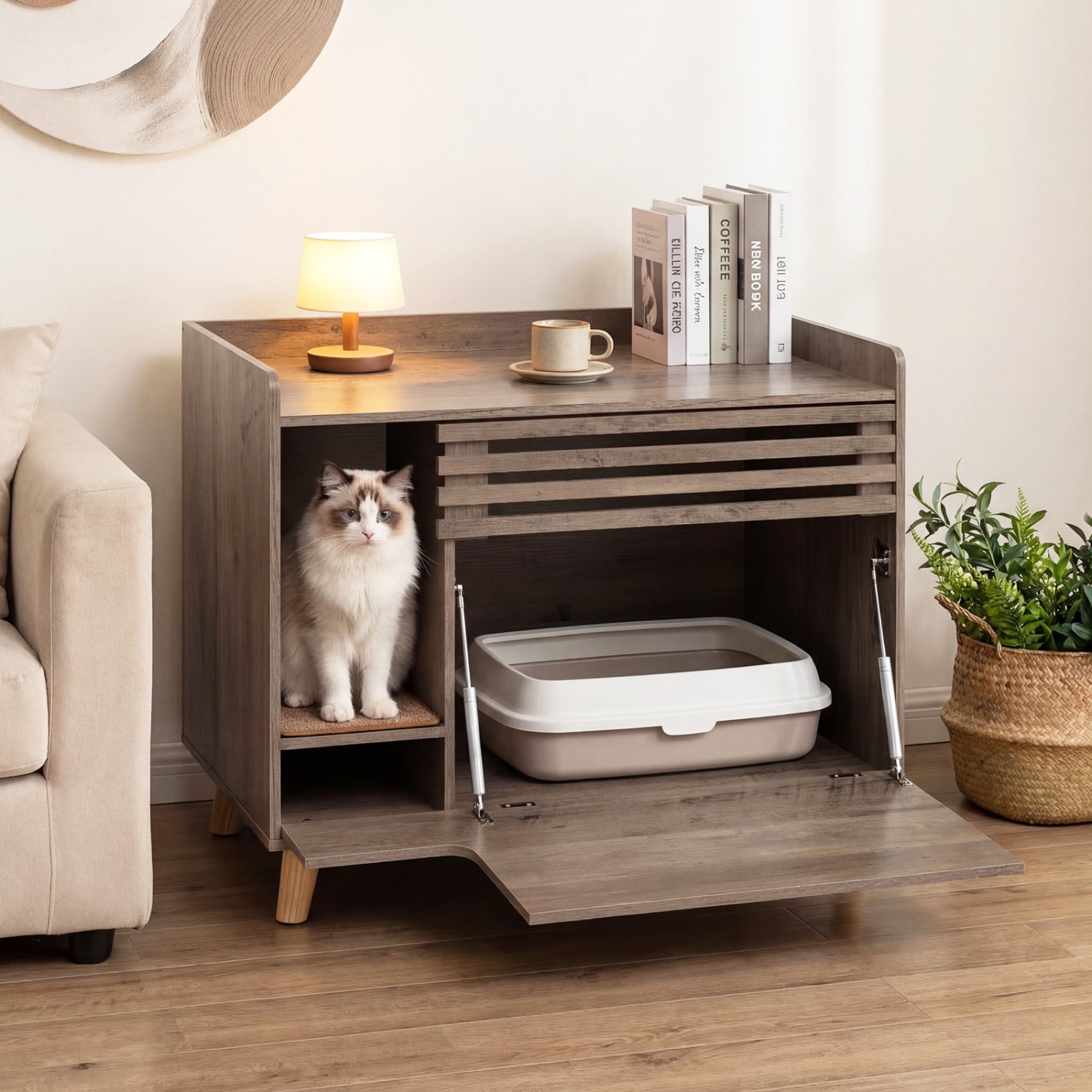 Cat Litter Box Enclosure with Flip-down Opening Door and Scratching Mat Cat - view 3