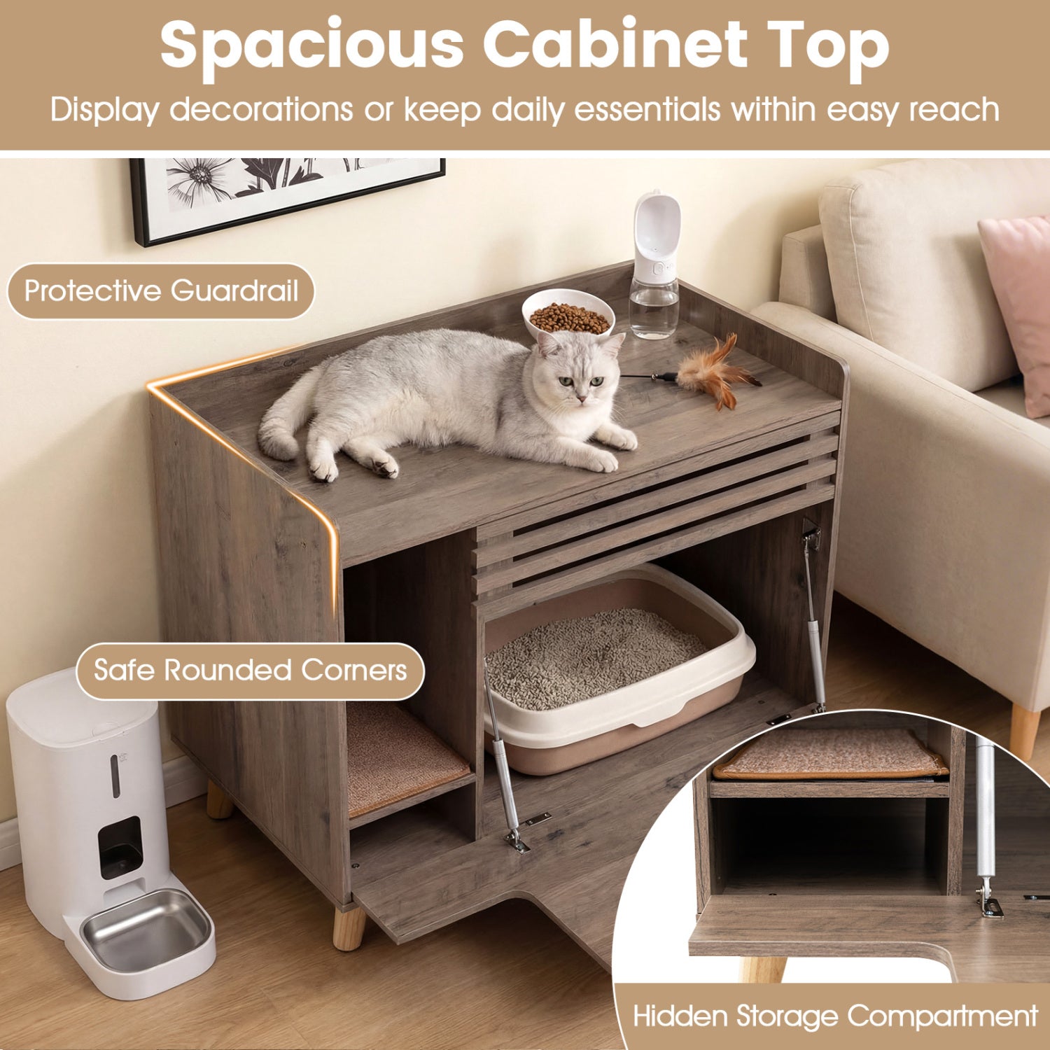 Cat Litter Box Enclosure with Flip-down Opening Door and Scratching Mat Cat - view 7