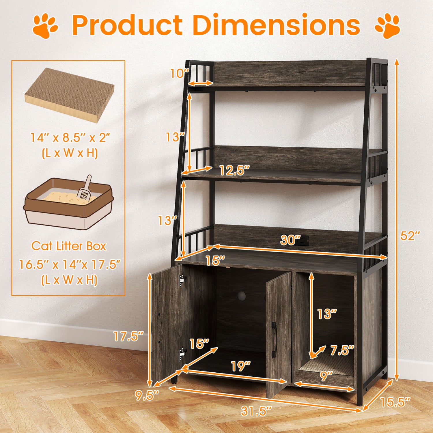 Cat Litter Box Enclosure with Storage Shelves and Scratching Pad Cat House - view 4