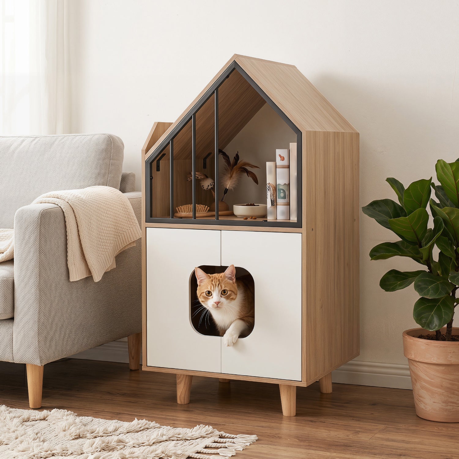Cat Litter Box Enclosure with Shelf and 2 Doors Wooden House-Shaped - view 2