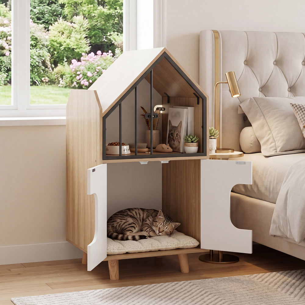 Cat Litter Box Enclosure with Shelf and 2 Doors Wooden House-Shaped - view 3